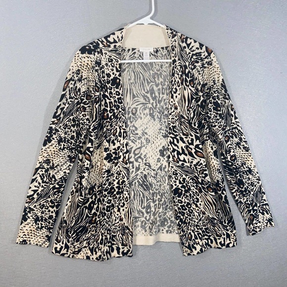Chicos Cardigan Womens 0 Beige Cheetah Print Pull On Long Sleeve Business Casual - Picture 1 of 12